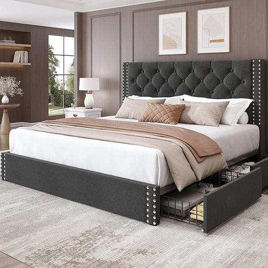 LARMACE Queen Size Bed Frame with 4 Storage Drawers and Tufted Headboard Linen Upholstered Platform Bed Frame with Heavy Duty Wood Slats, No Box Spring Needed, Easy Assembly, Grey