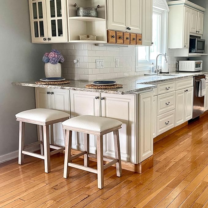 PHI VILLA Bar Stools Set of 4 - Solid Wood Legs Counter Height Barstools with Upholstered Saddle Seat, 24 inch Kitchen Counter Island Stools