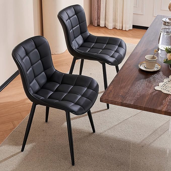 YOUTASTE All Black Dining Chairs Set of 2, Faux Leather Upholstered Armless Chairs with Back and Metal Legs, Mid Century Modern Kitchen Chairs for Living Room, Vanity, or Guest Reception Room