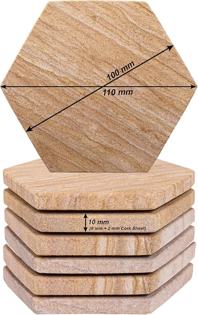 Sandstone Water Absorbent Hand Crafted Hexagon Coasters for Drinks - 4 Inches Wide Thirsty Stone Bar/Drink Coasters- Made from Rainbow Sandstone (Set of 6 Without Holder)