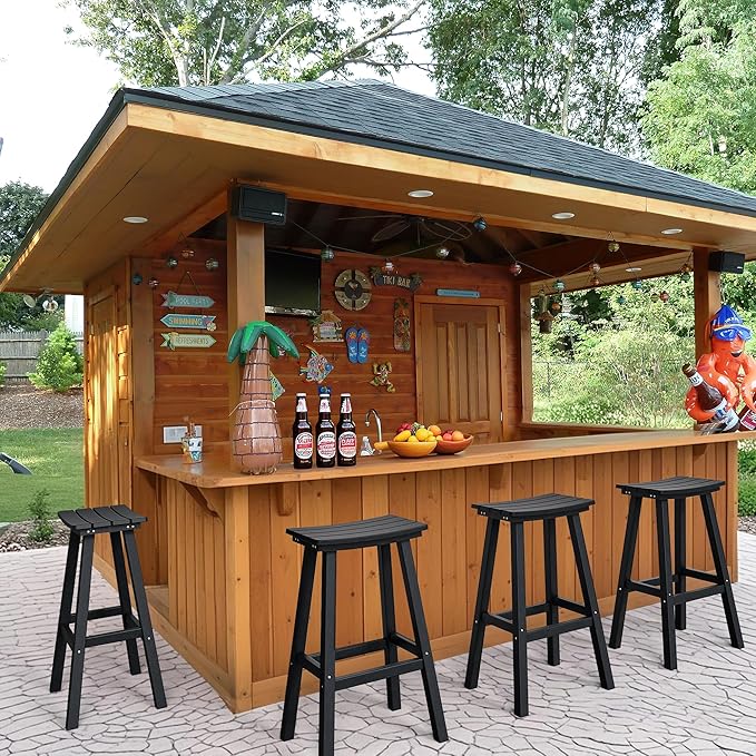 nalone 29 Inch Outdoor Bar Stool, HDPE Bar Chairs with Footrest, Weather Resistant Waterproof Bar Stools Outside Bar Height Stools for Bar, Kitchen Counter, Yard, Balcony(Black, 29'' Barstools)