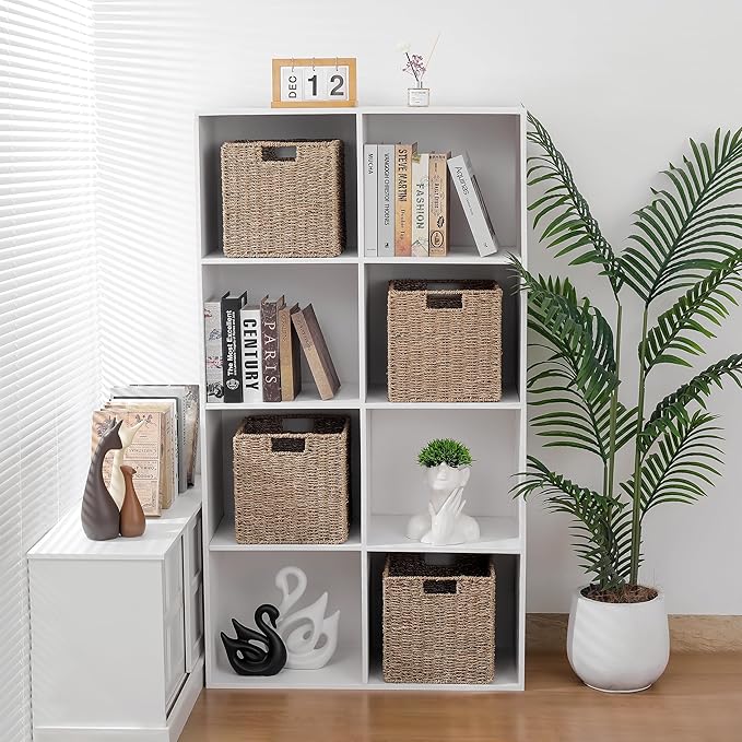 10.5 x 10.5in Seagrass Storage Baskets Set of 4, Cube Foldable Woven Storage Baskets for Shelves, Decorative Seagrass Shelf Basket