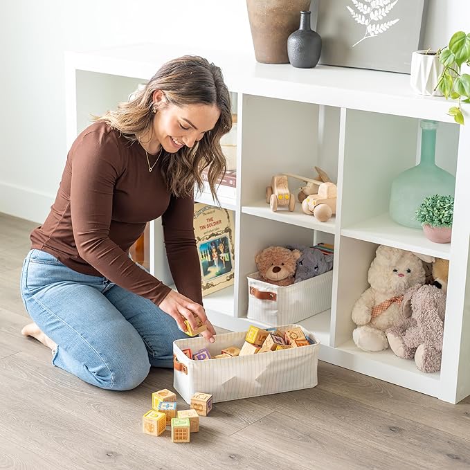 OrganiHaus Narrow Storage Bins 15x06in, Small Closet Bins for Shelves, Bathroom Storage Baskets, Narrow Baskets, Fabric Organizer with Handles, Toilet Paper Organizer - 2 Pack, White w/Brown Stripes