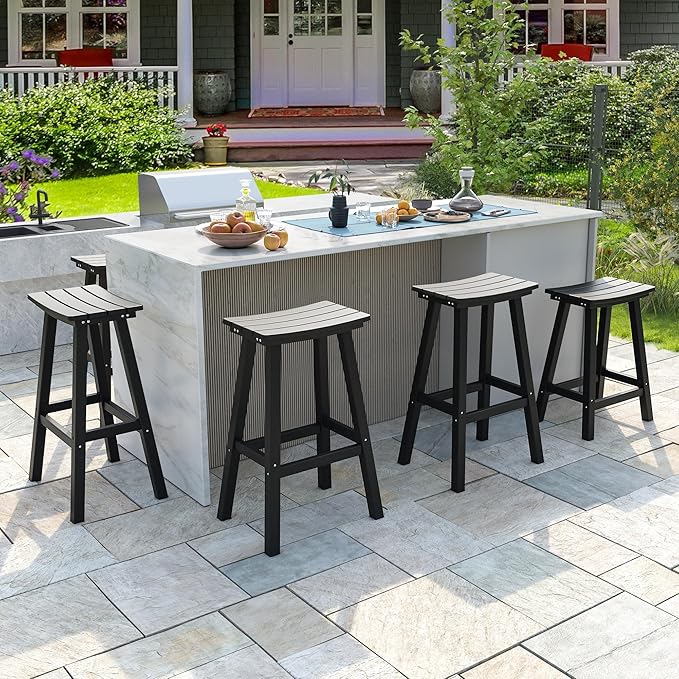 nalone 29 Inch Outdoor Bar Stools Set of 2, HDPE Bar Chairs with Footrest, Weather Resistant Barstool Outside Stools for Bars, Kitchen Counter, Balcony (Black, 29'' Barstools Set of 2)