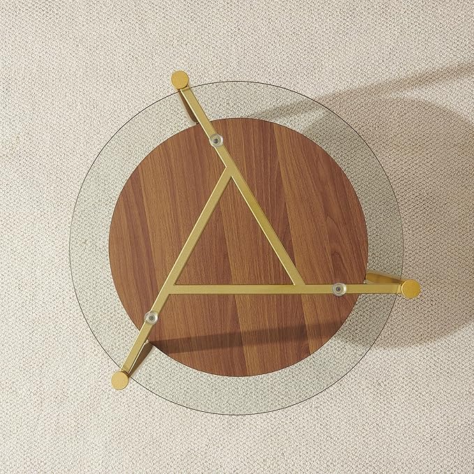 Round End Table, Mid-Century Modern Design, D20*H23 inch, for Living Room, 2-Tier Structure, Clear Glass Top and Walnut MDF Shelf, Sleek Conical Metal Legs with Gold Finish