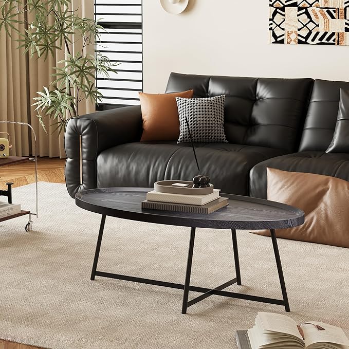 Modern Coffee Table, Oval Wood Coffee Tables Center Table with Metal Leg for Living Room, 47 Inch Living Room Table Accent Furniture (Oval Coffee Table, Black)
