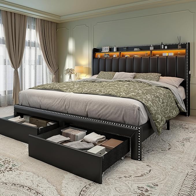 Torana Full LED Bed Frame with 2 Drawers, PU Leather Upholstered Storage Wingback Headboard Beds, Channel Tufted Platform Bedframe with Rivet Decor, No Box Spring Needed, Black
