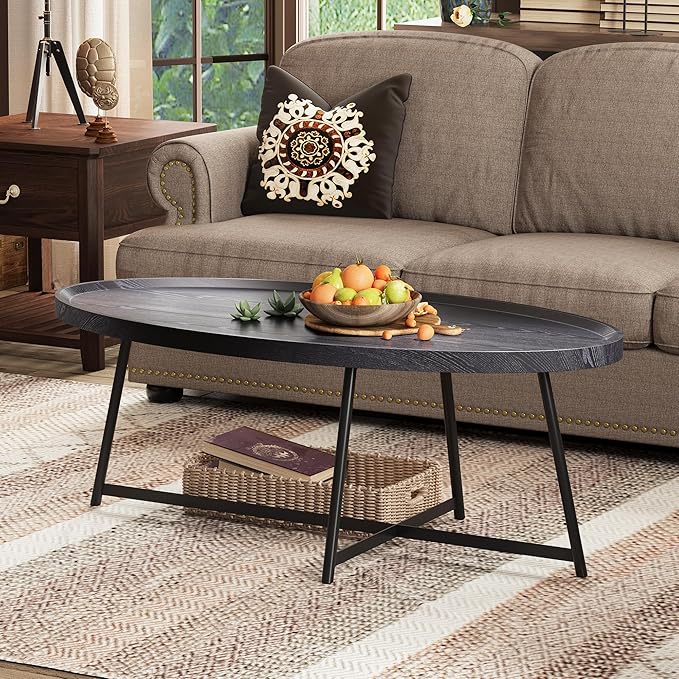 Modern Coffee Table, Oval Wood Coffee Tables Center Table with Metal Leg for Living Room, 47 Inch Living Room Table Accent Furniture (Oval Coffee Table, Black)
