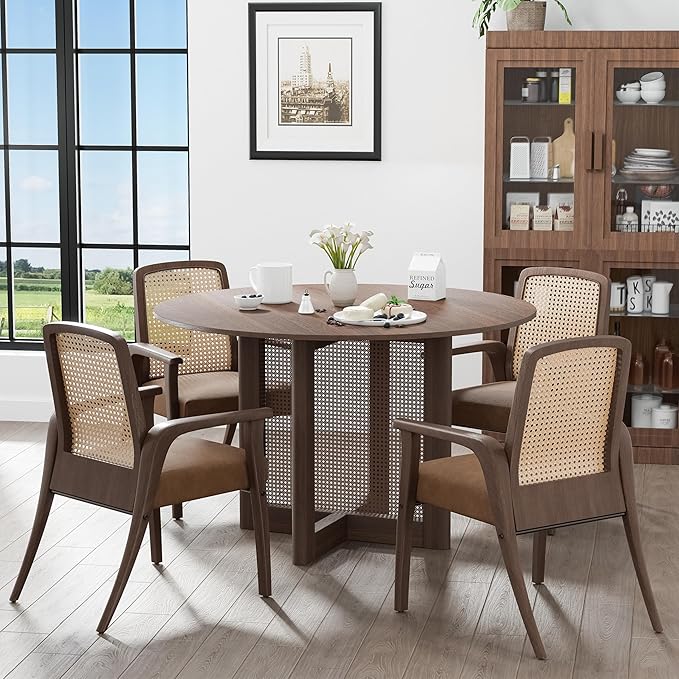Casaphoria 46" Round Dining Table, Modern Kitchen Table for 4-6, Scratch-Resistant Top & Rattan Base, Farmhouse Dinner Table for Living Room, Kitchen, Bar, Easy Assembly, Walnut