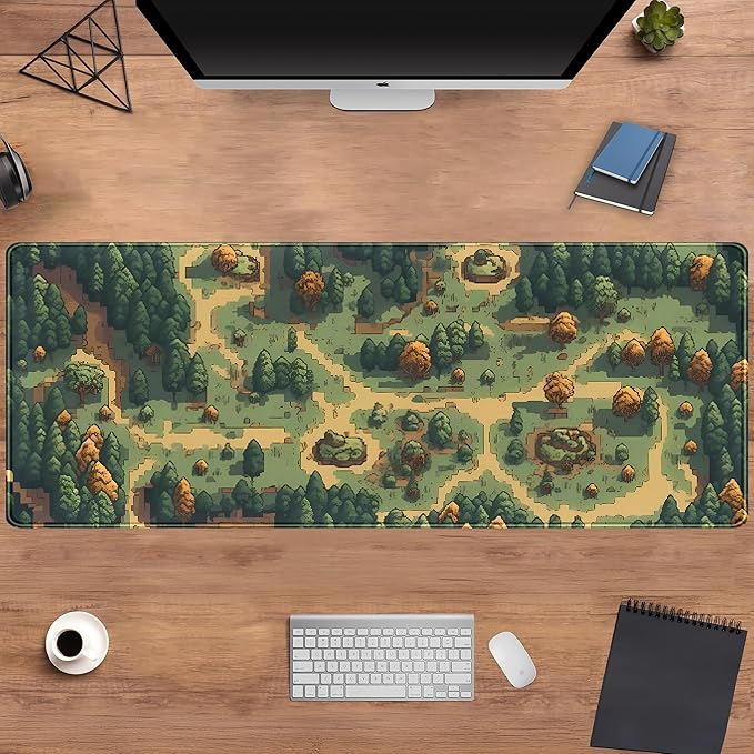 Retro Brown Green Desk Mat XL Large Gaming Green Forest Pixel Mouse Pad Non-Slip Rubber Base Mousepad, Keyboard Mouse Mat, Laptop Computer Mat with Stitched Edges, Office Work Mat 31.5x11.8 in