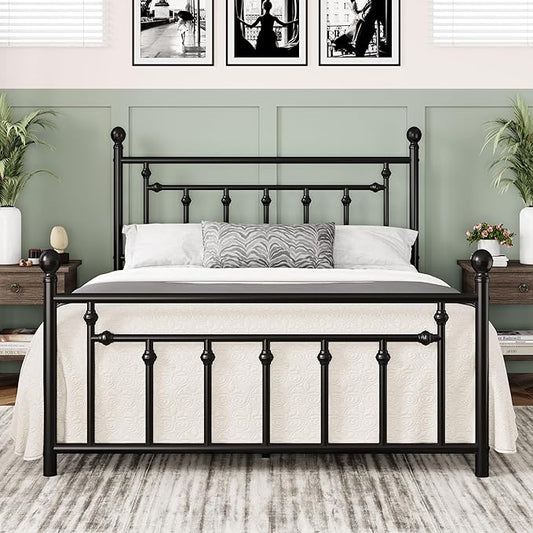 Allewie 14 Inch Queen Size Metal Platform Bed Frame with Victorian Vintage Headboard and Footboard/Mattress Foundation/Under Bed Storage/No Box Spring Needed/Easy Assembly/Noise Free/Black