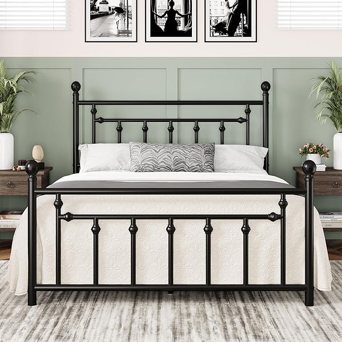 Allewie 14 Inch Full Size Metal Platform Bed Frame with Victorian Vintage Headboard and Footboard/Mattress Foundation/Under Bed Storage/No Box Spring Needed/Easy Assembly/Noise Free/Black
