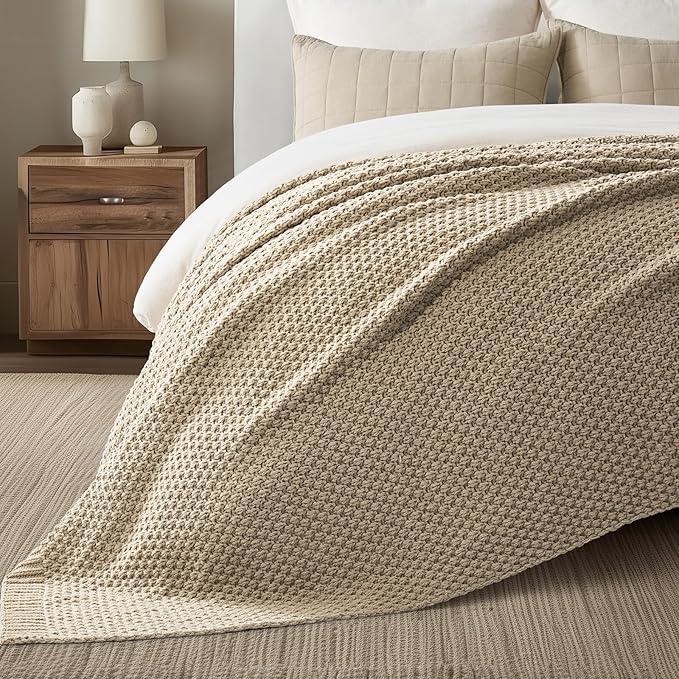 EVERGRACEHOME Chunky Chenille Knit Throw Blanket for Couch, Soft Luxurious Oversized King Moss Stitch Blanket for Bed, Large Cozy Farmhouse Knitted Throw for Sofa, Sand Dune, 92" x 108"