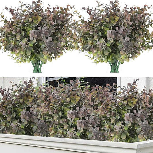 RECUTMS 8 Bundles Artificial Greenery Plants Stems Outdoor Fake Eucalyptus Plants Boxwood Bushes for Farmhouse Bathroom Office Vase Centerpiece Indoor Outdoor Decoration(Dusty Purple)