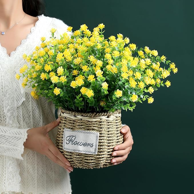 SITUMEIZI 8 Bundles Yellow Artificial Flowers Outdoor Fake Flower Plastic UV Resistant Shrubs Greenery Plants Hanging Decorations Garden Porch Window Box Farmhouse Outside Summer Indoor Decor