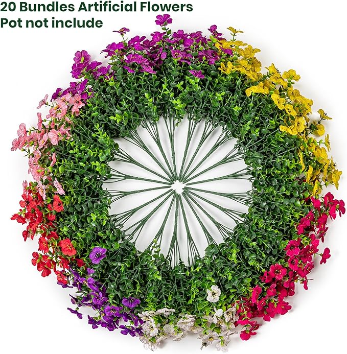 20 Bundles Artificial Flowers for Outdoor Fake Plants for Spring Decoration,Faux Eucalyptus Flowers for Planter UV Resistant Lifelike for Home Porch Garden（7 Color）