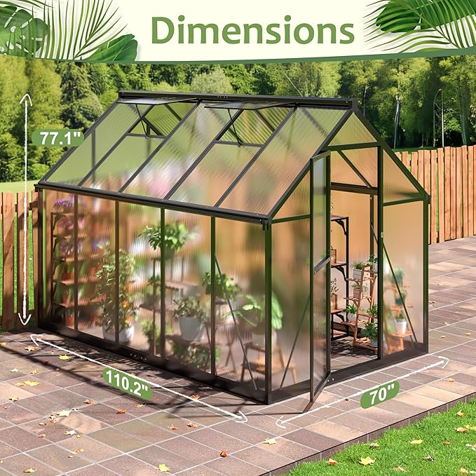 6x9 FT Quick Setup Polycarbonate Greenhouse with Roof Vent, Large Aluminum Walk-in Green House for Outdoor Garden Backyard, Black