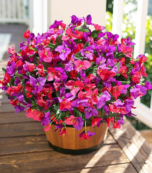 Ivydale Artificial Fake Flowers Faux Plants for Outdoors, 4 Bundles Fake Silk Bougainvillea Flower Look Real UV Resistant Flowers for Planter Patio Porch Window Yard Balcony Home Decor(PurpleHotpink)
