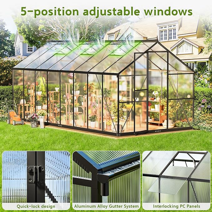 Wanan 8x16FT Greenhouses for Outdoors, Quick Assembly Polycarbonate Green House with UV Protection, Heavy Duty Windproof Aluminum Frame, Adjustable Roof Vent for Backyard or Outdoor Garden Use