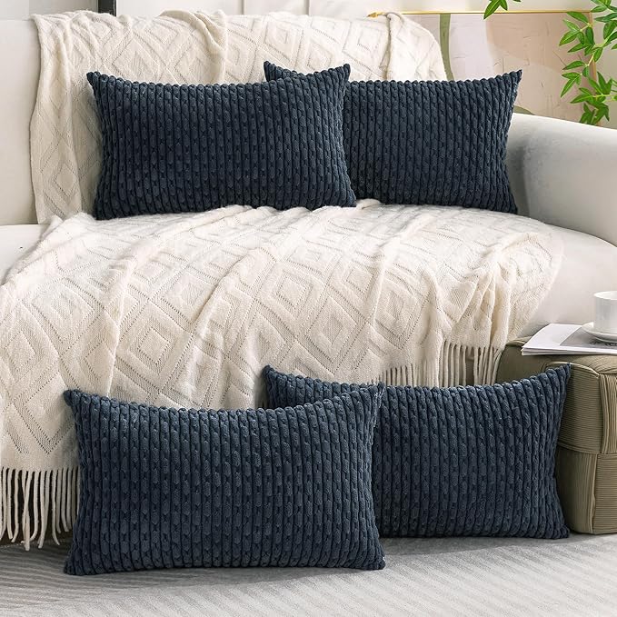 Set of 4 Grey Blue Decorative Throw Pillow Covers 12x20 Inch Corduroy Pillow Covers for Bed Couch Sofa Living Room Soft Cushion Cases