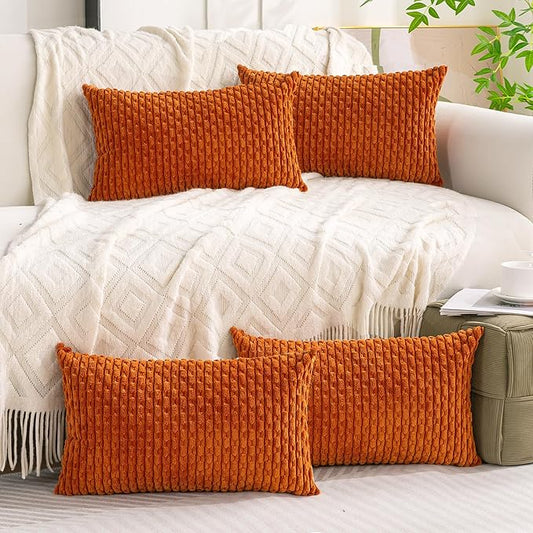 Set of 4 Burnt Orange Decorative Throw Pillow Covers 12x20 Inch Corduroy Pillow Covers for Bed Couch Sofa Living Room Soft Cushion Cases