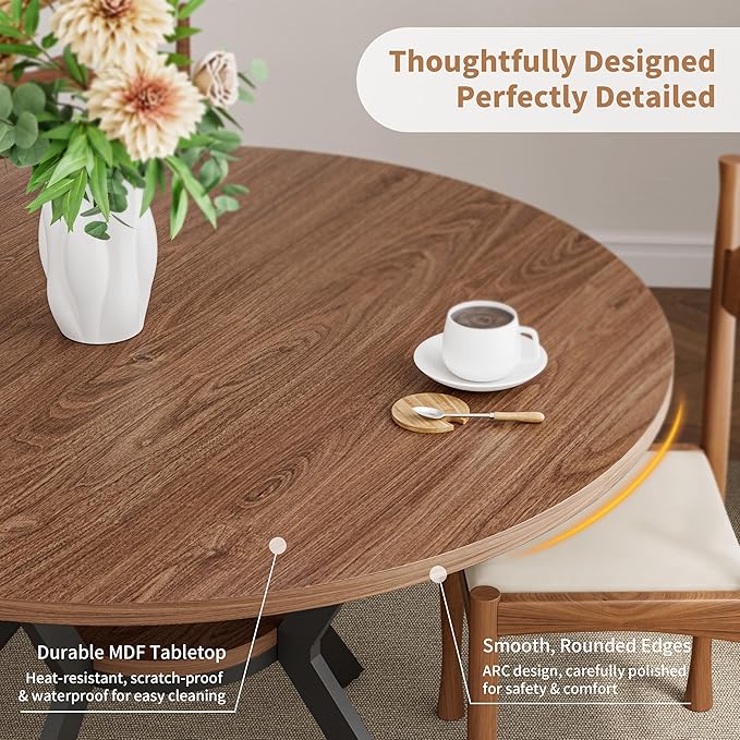 42" Round Dining Table for 4, Farmhouse Kitchen Table with Storage, Space Saving Circle Dinner Table, Rustic Wood Kitchen & Dining Room Tables with Metal Legs for Kitchen, Living Room, Dining Room