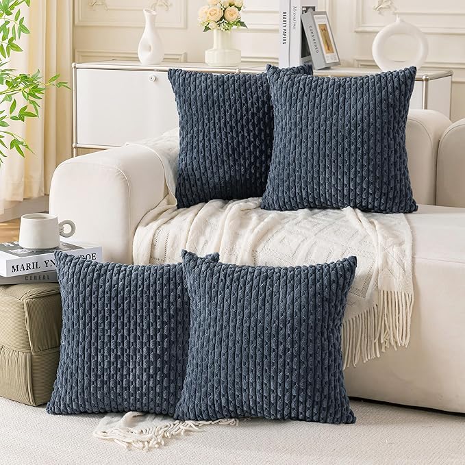 Set of 4 Grey Blue Decorative Throw Pillow Covers 18x18 Inch Corduroy Pillow Covers for Bed Couch Sofa Living Room Soft Square Cushion Cases