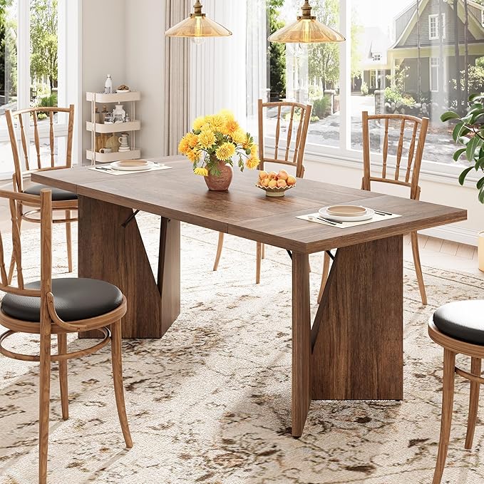 Garvee 70.9'' Dining Table for 6, Farmhouse Rectangular Kichen Table with Sturdy Frame, Wooden Thickened Long Desk and Dinner Desk for Dining Room, Kitchen, Office, Game Room(Retro)