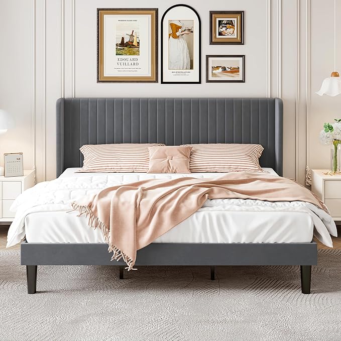 SHA CERLIN King Size Velvet Bed Frame with Vertical Channel Tufted Wingback Headboard, Upholstered Platform Bed with Wood Slats, No Box Spring Needed, Easy Assembly, Grey