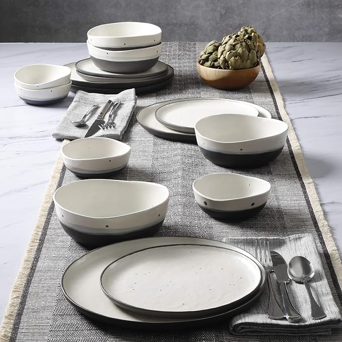 Gibson Elite Rhinebeck 16-Piece Double Bowl Dinnerware Set, Service for 4 – White and Black Stoneware Plates and Bowls