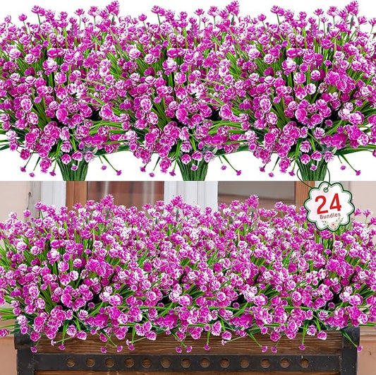 Ouddy Decor 24 Bundles Artificial Flowers for Outdoors UV Resistant Fake Plastic Plants Faux Boston Fern Greenery Stems for Spring Summer Indoor Garden Patio Window Box Kitchen Home Decor, Fuchsia