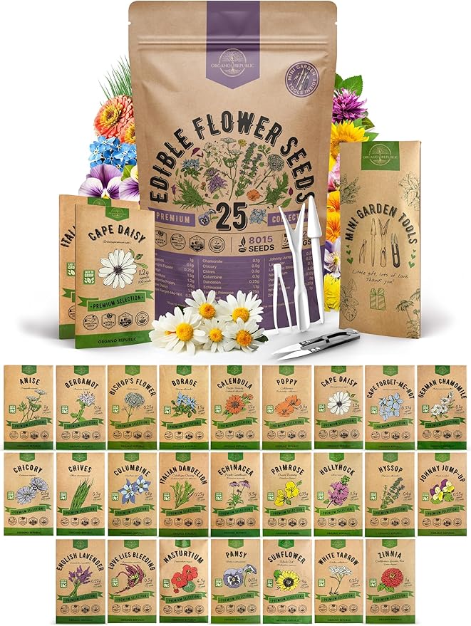 Organo Republic 25 Edible Flower Seeds Variety Pack for Indoor Outdoor Gardening - 8,000+ Non-GMO Heirloom Flower Seeds: Anise, Hyssop, Nasturtium, Pansy, Echinacea, Lavender, Chives & More