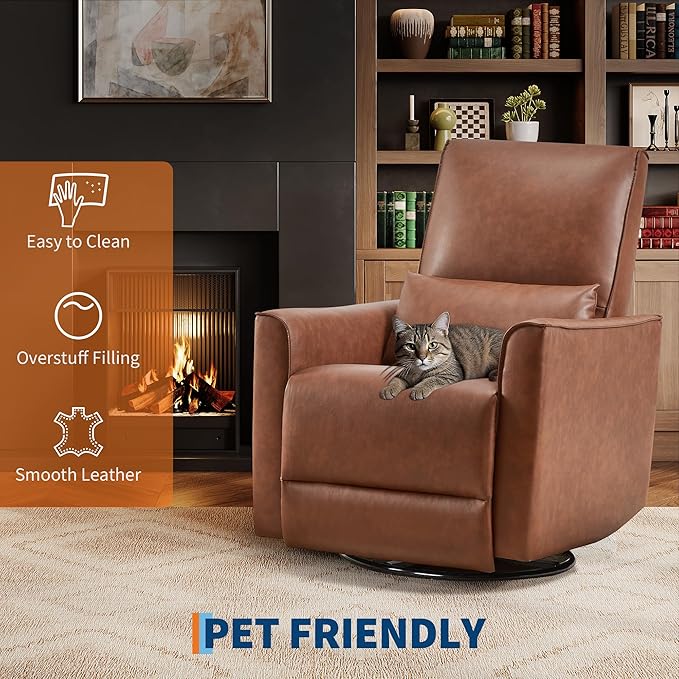 GarveeHome Recliner Chair, 360° Swivel Rocker Glider Nursery Chair with Padded Armrest and Deep Seat, PU Leather Upholstered Reclining Sofa Chair for Living Room, Bedroom and Nursery (Brown)