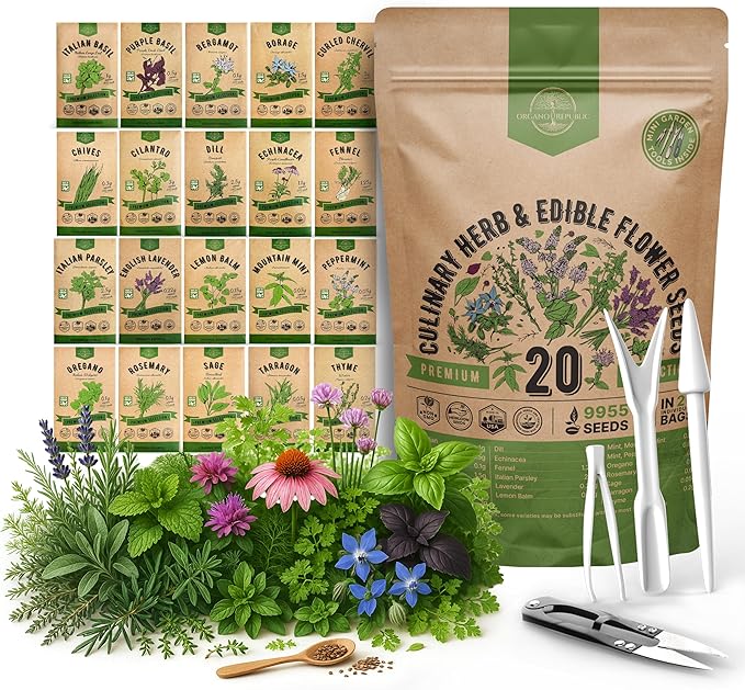 20 Culinary Herbs & Edible Flower Seed Variety Pack for Planting Indoor & Outdoors. 9500+ Non-GMO Heirloom Flower Seeds: Basil, Borage, Echinacea, Lavender, Oregano, Rosemary Seeds & More
