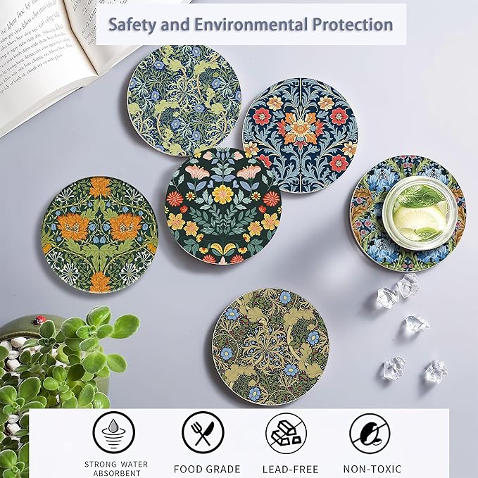 Coaster for Drinks Set of 6, Vintage Flower Absorbing Round Ceramic Stone Coaster with Cork Base,Tabletop Protection Mat for Mugs and Cups,Coffee Table Wine Glass Home Bar 4 Inch