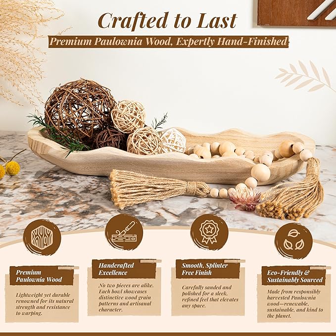 Wavy Edge Wooden Dough Bowl for Decor 16"L Lightweight Paulownia Wood Hand Carved Decorative Wooden Farmhouse Fruit Bowl Handmade, Home Decoration Centerpiece, Table Display Bowl