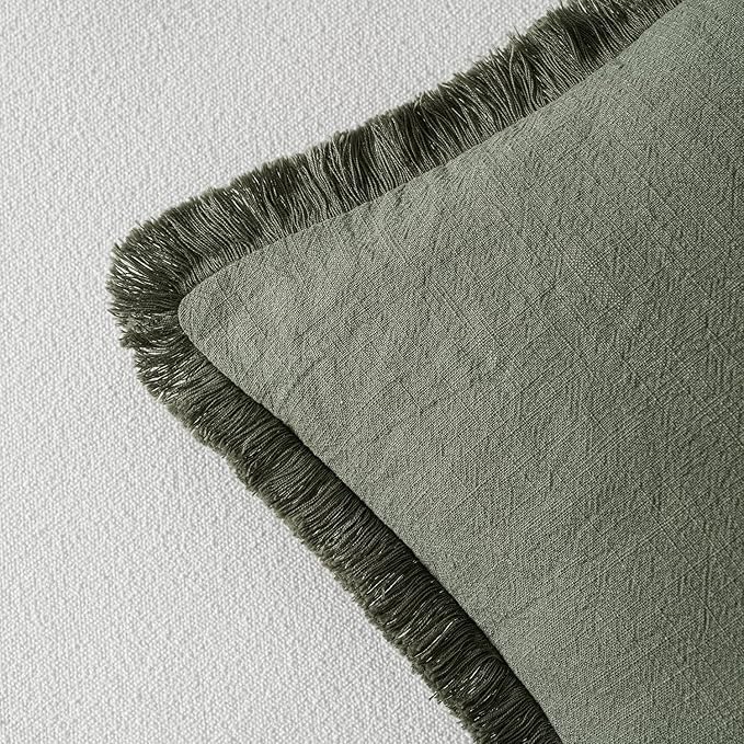 MIULEE Decorative Throw Pillow Covers Neutral Linen Fringe Throw Pillows Euro Shams Set of 2 Light Olive Green Boho Farmhouse Cushions for Couch Sofa Bed Living Room Spring Home Decor 22x22 Inch