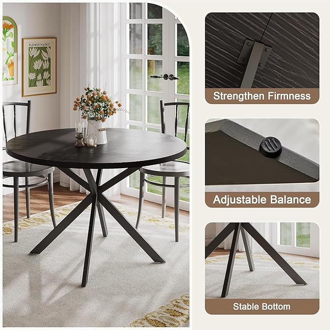 ChooChoo 47.2 Inch Round Dining Table for 4, Farmhouse Wood Kitchen Table, Circle Dinner Table for Kitchen & Dining Room, Black