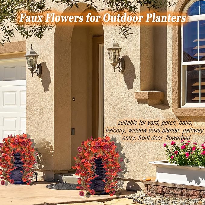 Artificial Fall Flowers for Outdoors, 4 pcs Fall Faux Mums for Outdoor Planters, Fake Mums for Yard Patio Lawn Garden, Artificial Flowers Fall Porch Decor, Morning Glory Silk Flowers