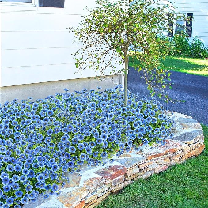 20 Bundles Artificial Flowers for Outdoors Decoration Fake Silk Flowers UV Resistant Faux Plants Artificial Daisy Eucalyptus for Spring Summer Garden Yard Porch Window Home Decor, Blue