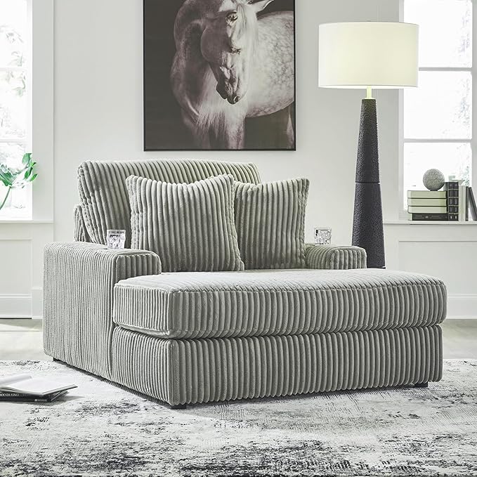 Signature Design by Ashley Lindyn Contemporary Chaise with USB Charging Ports, 2 Cup Holders and Throw Pillows, Gray