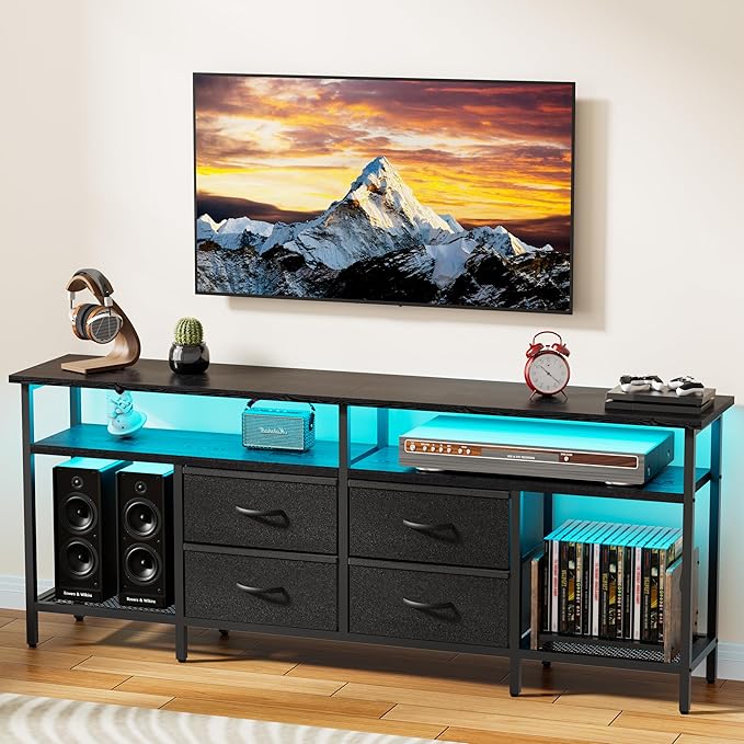 JUSTOGO TV Stand for 55/60/65/70 Inch TV, Modern Entertainment Center with LED Lights and Power Outlets, TV Stand with Drawers and Shelves, Media Console with Storage for Living Room Bedroom, Black