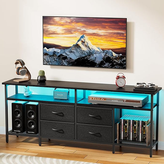 JUSTOGO TV Stand for 55/60/65/70 Inch TV, Modern Entertainment Center with LED Lights and Power Outlets, TV Stand with Drawers and Shelves, Media Console with Storage for Living Room Bedroom, Black