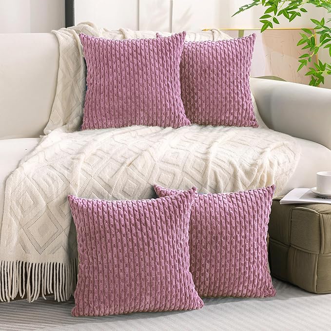 Set of 4 Pink Decorative Throw Pillow Covers 22x22 Inch Corduroy Pillow Covers for Bed Couch Sofa Living Room Soft Square Cushion Cases