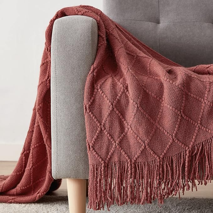 BOURINA Burgundy Throw Blanket 50x60 Inches Throw Textured Solid Soft Sofa Couch Decorative Knit Blanket