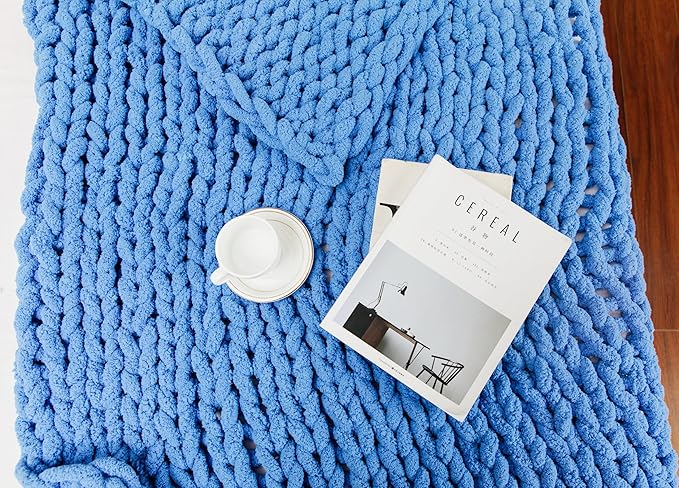 clootess Chunky Knit Blanket Chenille Throw - Warm Soft Cozy for Sofa Bed Boho Home Decor (Blue 40x60 in)