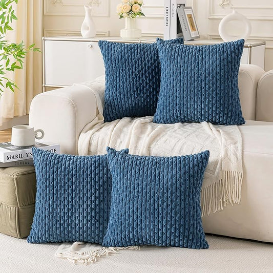 Set of 4 Blue Decorative Throw Pillow Covers 22x22 Inch Corduroy Pillow Covers for Bed Couch Sofa Living Room Soft Square Cushion Cases