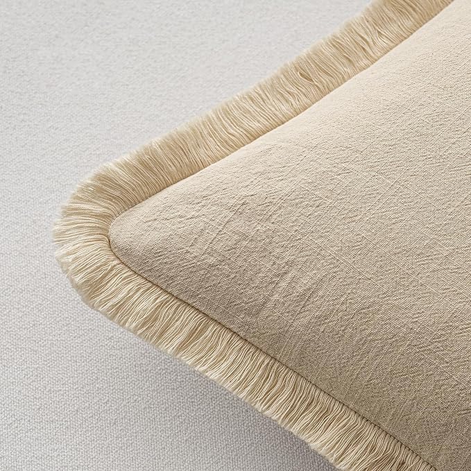 MIULEE Decorative Throw Pillow Covers Neutral Linen Fringe Throw Pillows Euro Shams Set of 2 Beige Boho Farmhouse Cushion Covers for Couch Sofa Bed Living Room Spring Home Decor 22x22 Inch