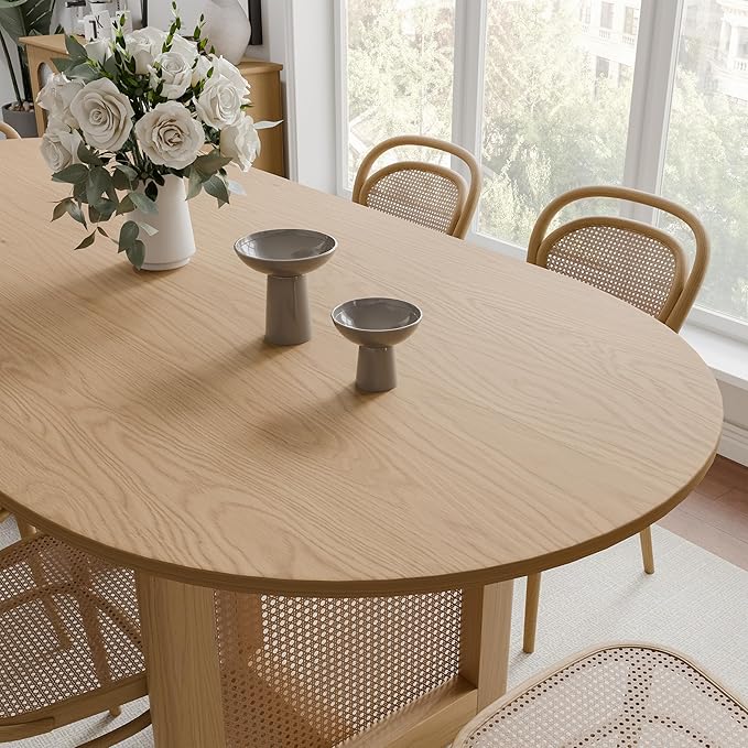 Casaphoria 67" Dining Table for 6, Wood Kitchen Table with Scratch-Resistant Top & Rattan Base, Modern Farmhouse Oval Dining Table for Living Room, Kitchen, Easy Assembly, Oak (Chairs not Included)