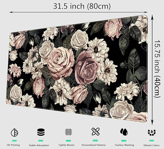 Retro Rose Floral Desk Mat Vintage Flower Plant Mouse Pad XXL Large Gaming Mousepad Cute Desk Pad Computer Mat 31.5x15.75 in, Cool Desktop Accessories for Women Office Desk Decor Keyboard Pad Mat